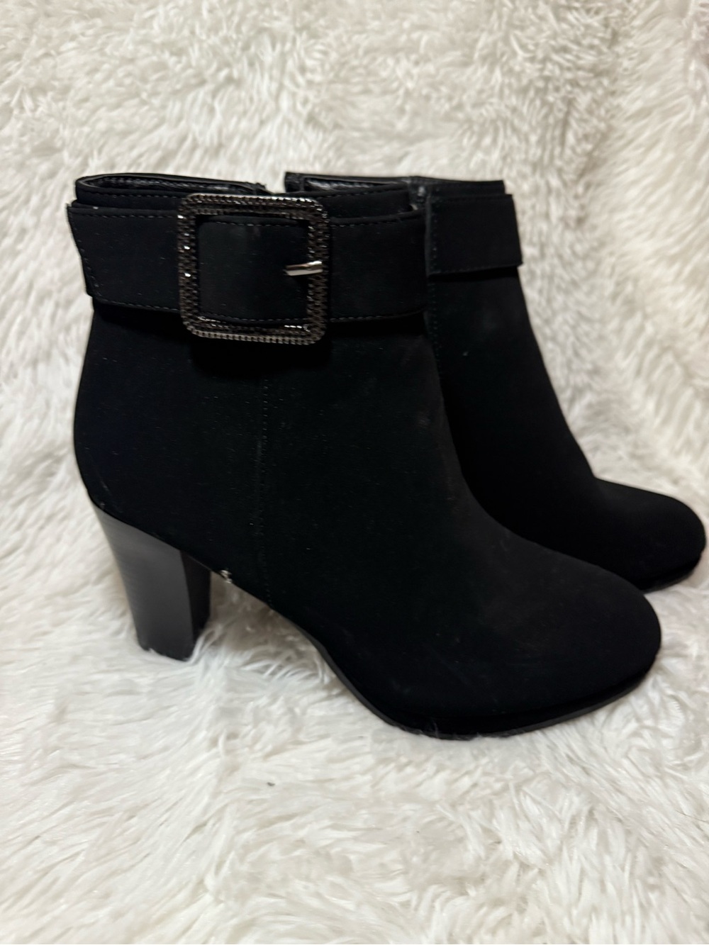 Franco Sarto Black Suede Ankle Booties with Buckle Accent